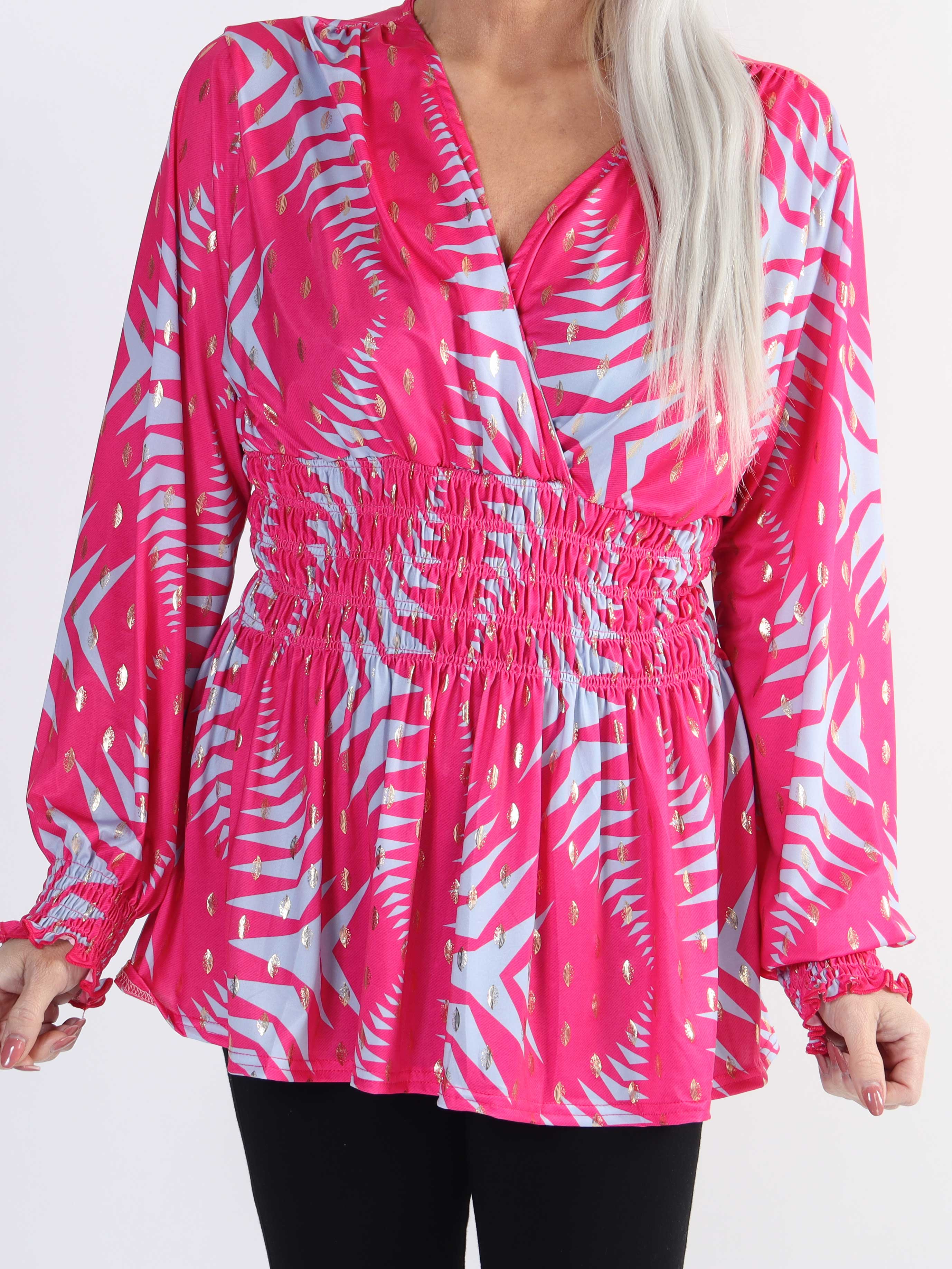 Pams Pattern Shirt L/S - Elastisk plus size blus i skrynkelfritt tyg